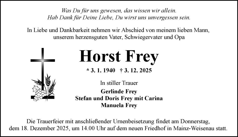  Traueranzeige für Horst Frey vom 13.12.2025 aus Allgemeine Zeitung Mainz