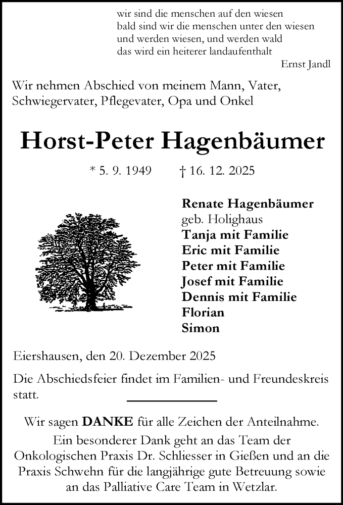  Traueranzeige für Horst-Peter Hagenbäumer vom 20.12.2025 aus Dill Block