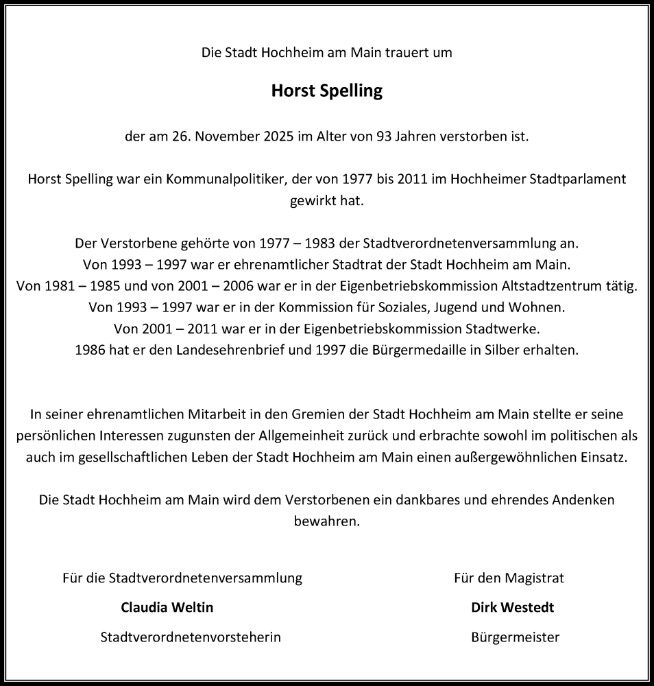  Traueranzeige für Horst Spelling vom 12.12.2025 aus Hochheimer Zeitung