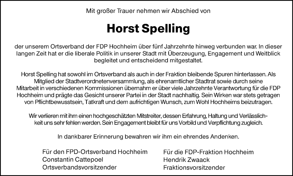  Traueranzeige für Horst Spelling vom 12.12.2025 aus Hochheimer Zeitung