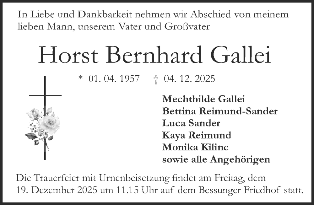  Traueranzeige für Horst Bernhard Gallei vom 13.12.2025 aus Darmstädter Echo
