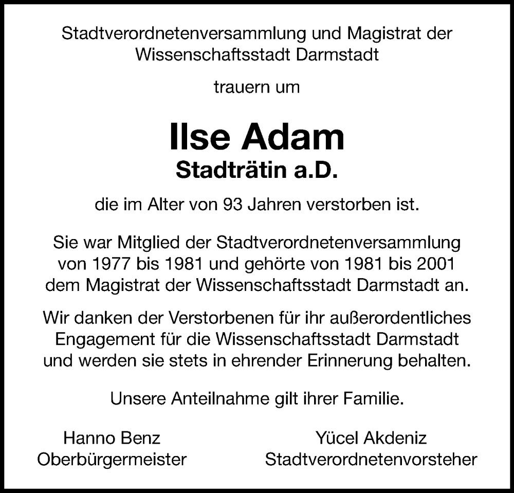  Traueranzeige für Ilse Adam vom 10.12.2025 aus Darmstädter Echo