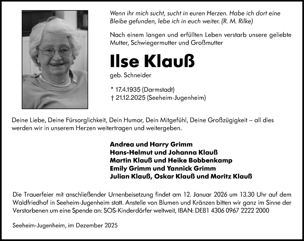  Traueranzeige für Ilse Klauß vom 27.12.2025 aus Darmstädter Echo