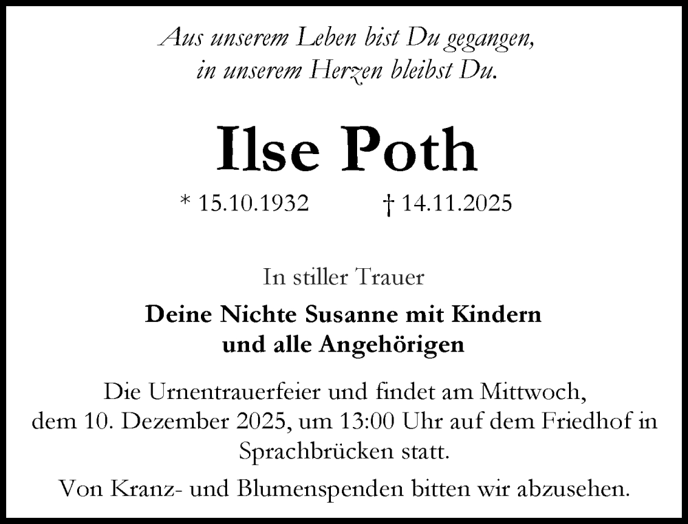  Traueranzeige für Ilse Poth vom 06.12.2025 aus Darmstädter Echo