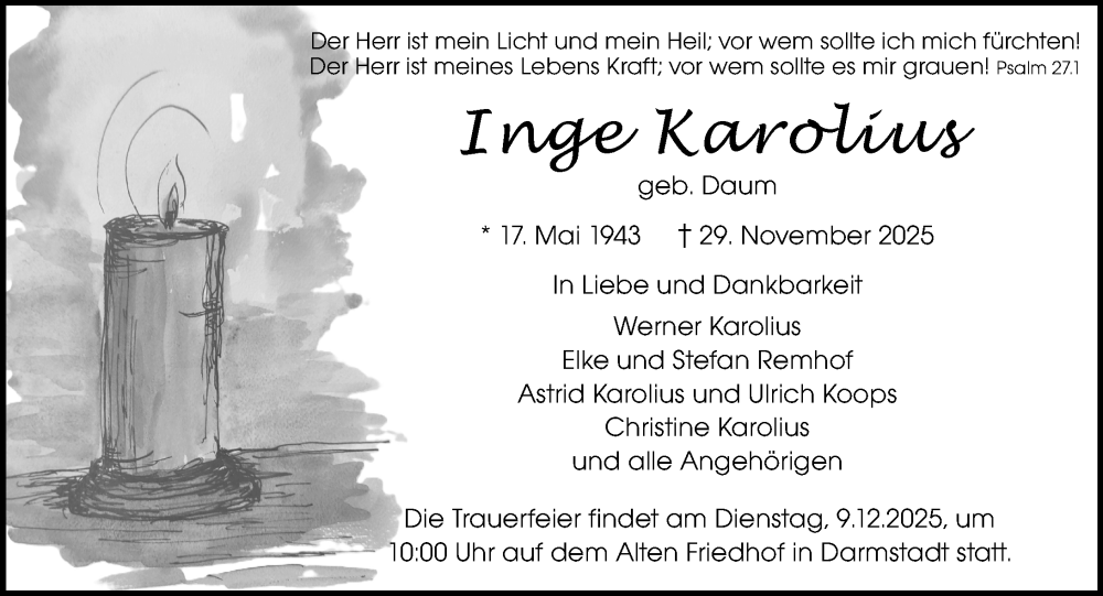  Traueranzeige für Inge Karolius vom 06.12.2025 aus Darmstädter Echo