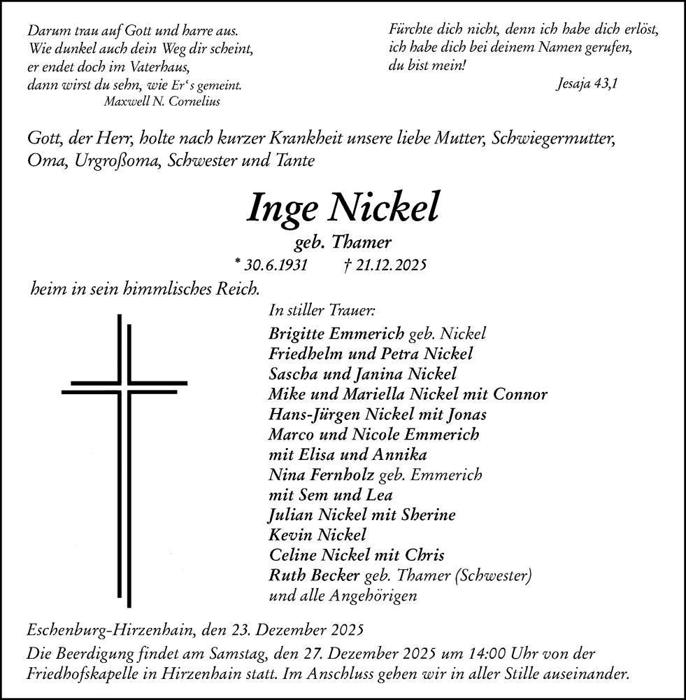  Traueranzeige für Inge Nickel vom 23.12.2025 aus Dill Block