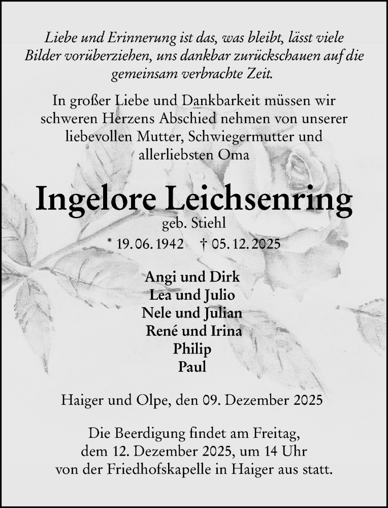  Traueranzeige für Ingelore Leichsenring vom 09.12.2025 aus Dill Block