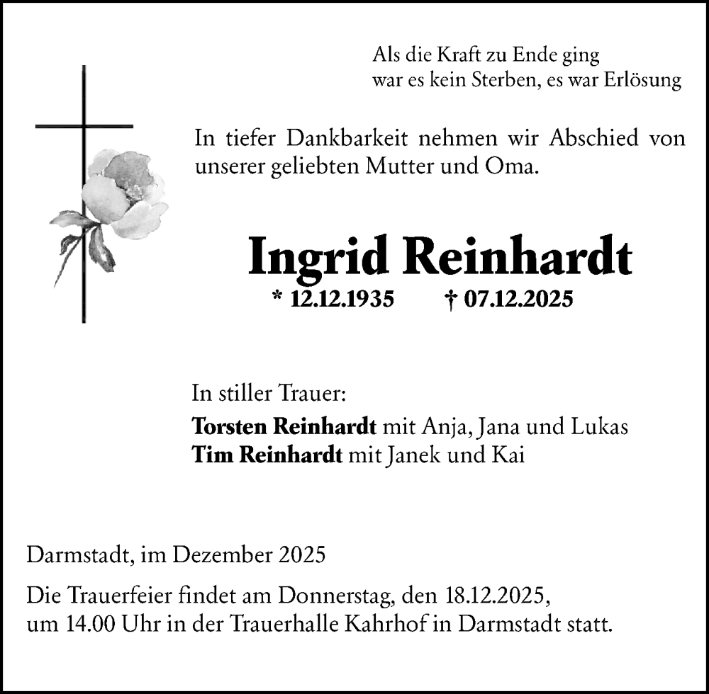 Traueranzeige für Ingrid Reinhardt vom 13.12.2025 aus Darmstädter Echo
