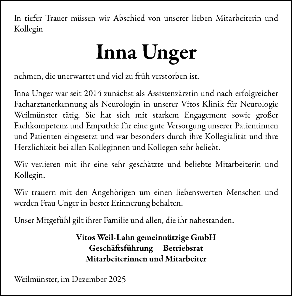  Traueranzeige für Inna Unger vom 13.12.2025 aus Weilburger Tageblatt