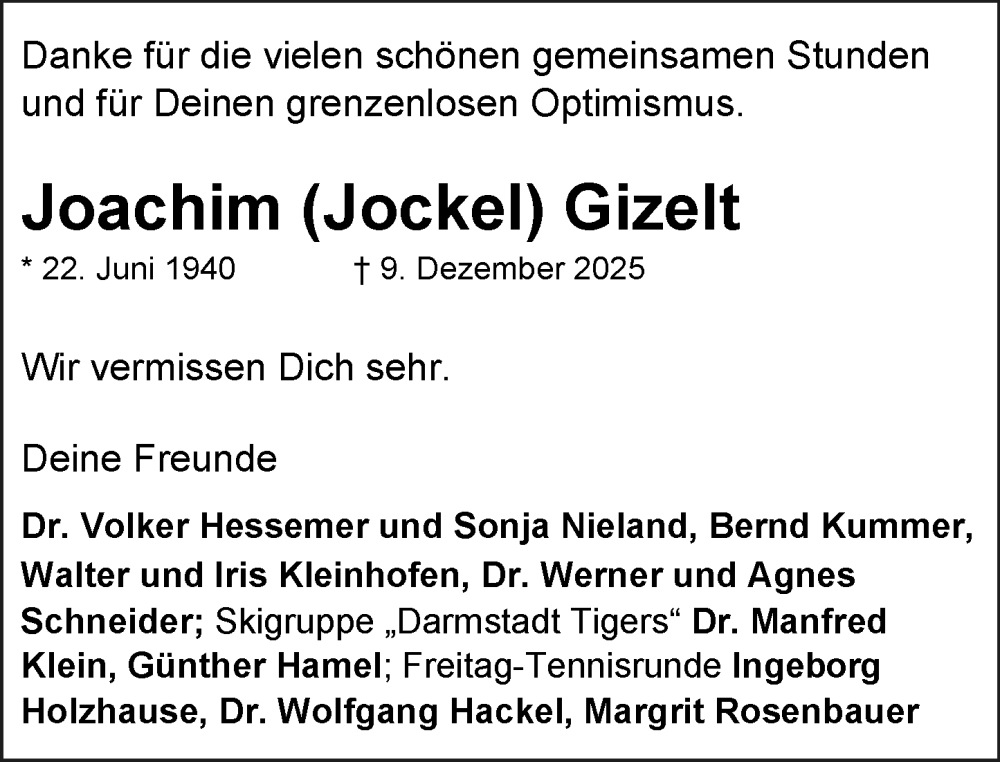  Traueranzeige für Joachim Gizelt vom 13.12.2025 aus Darmstädter Echo