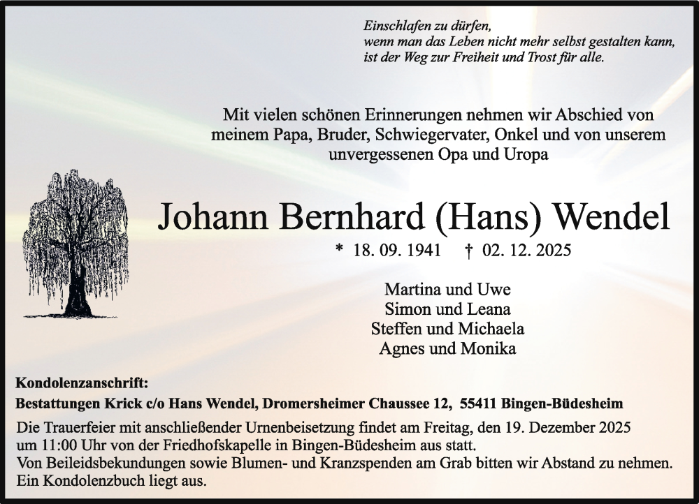  Traueranzeige für Johann Bernhard Wendel vom 06.12.2025 aus Allgemeine Zeitung Rheinhessen-Nahe