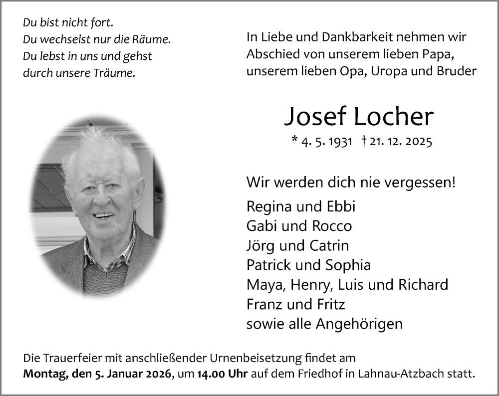  Traueranzeige für Josef Locher vom 30.12.2025 aus Wetzlarer Neue Zeitung