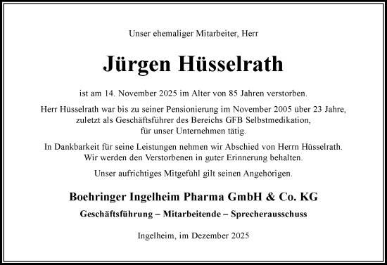 Traueranzeige von Jürgen Hüsselrath von Allgemeine Zeitung Rheinhessen-Nahe