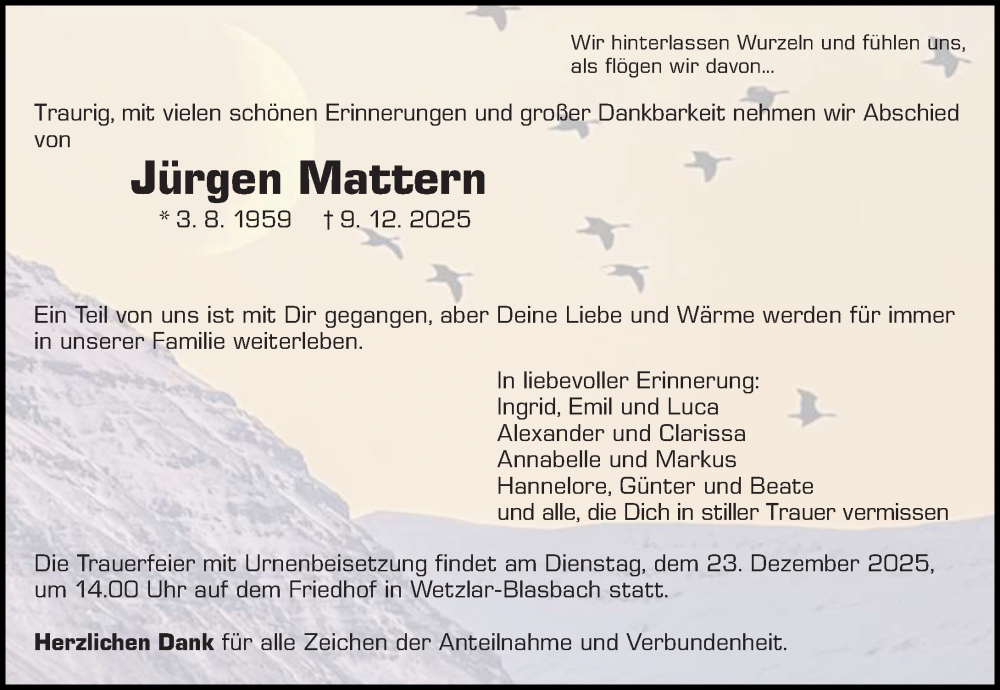  Traueranzeige für Jürgen Mattern vom 18.12.2025 aus Wetzlarer Neue Zeitung