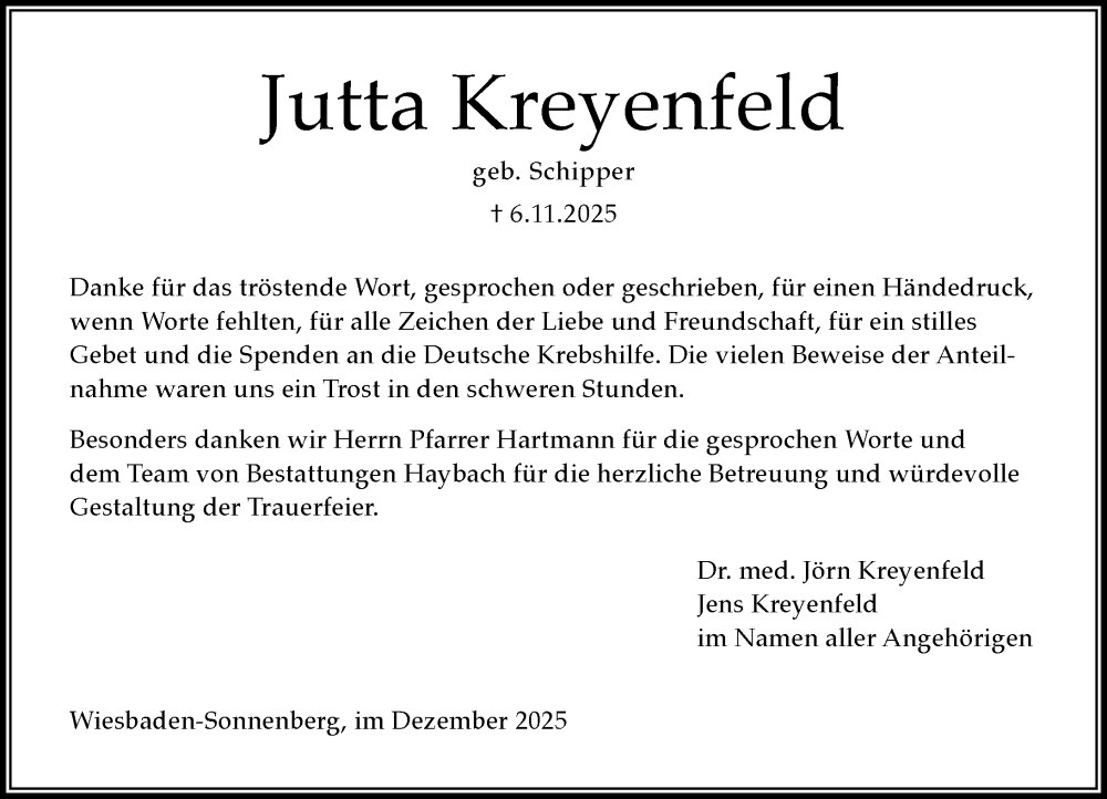  Traueranzeige für Jutta Kreyenfeld vom 13.12.2025 aus Wiesbadener Kurier