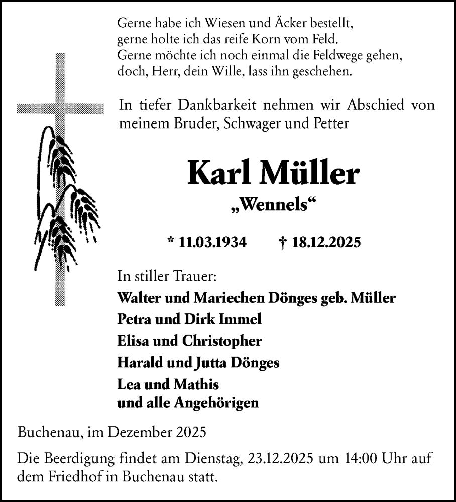  Traueranzeige für Karl Müller vom 22.12.2025 aus Hinterländer Anzeiger