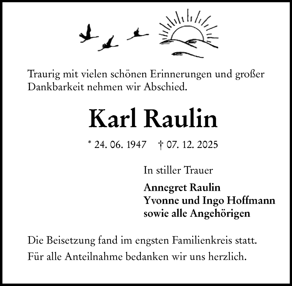  Traueranzeige für Karl Raulin vom 27.12.2025 aus Wetzlarer Neue Zeitung