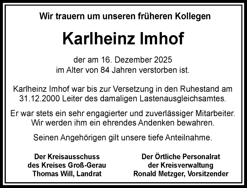  Traueranzeige für Karlheinz Imhof vom 20.12.2025 aus Groß-Gerauer Echo