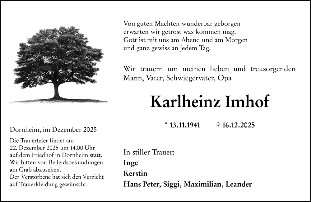  Traueranzeige für Karlheinz Imhof vom 20.12.2025 aus Groß-Gerauer Echo