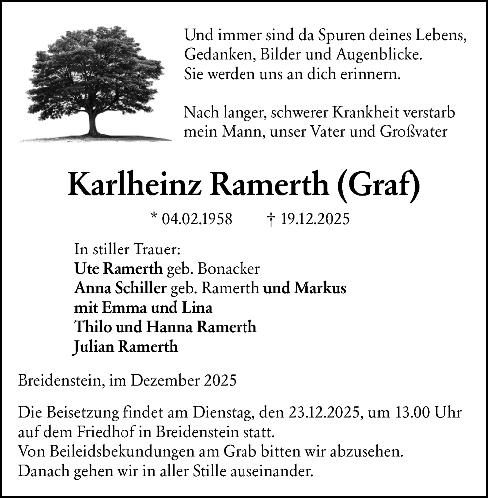  Traueranzeige für Karlheinz Ramerth vom 22.12.2025 aus Hinterländer Anzeiger