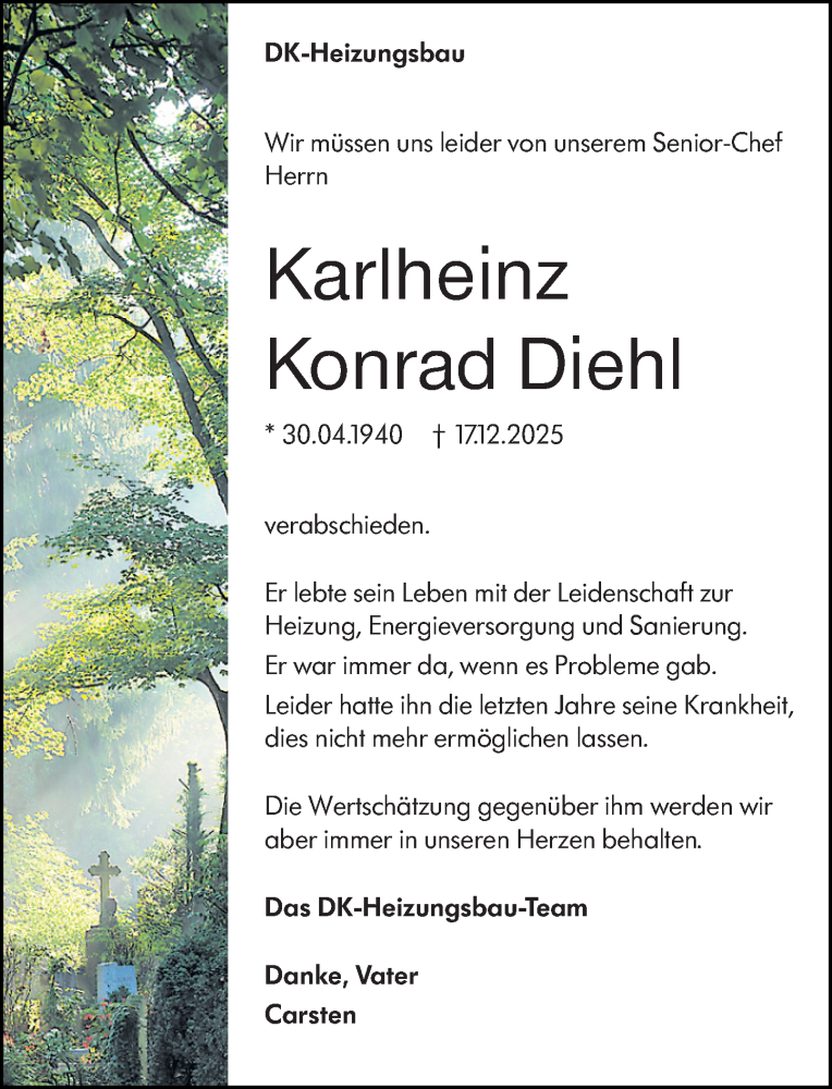  Traueranzeige für Karlheinz Konrad Diehl vom 27.12.2025 aus Allgemeine Zeitung Rheinhessen-Nahe