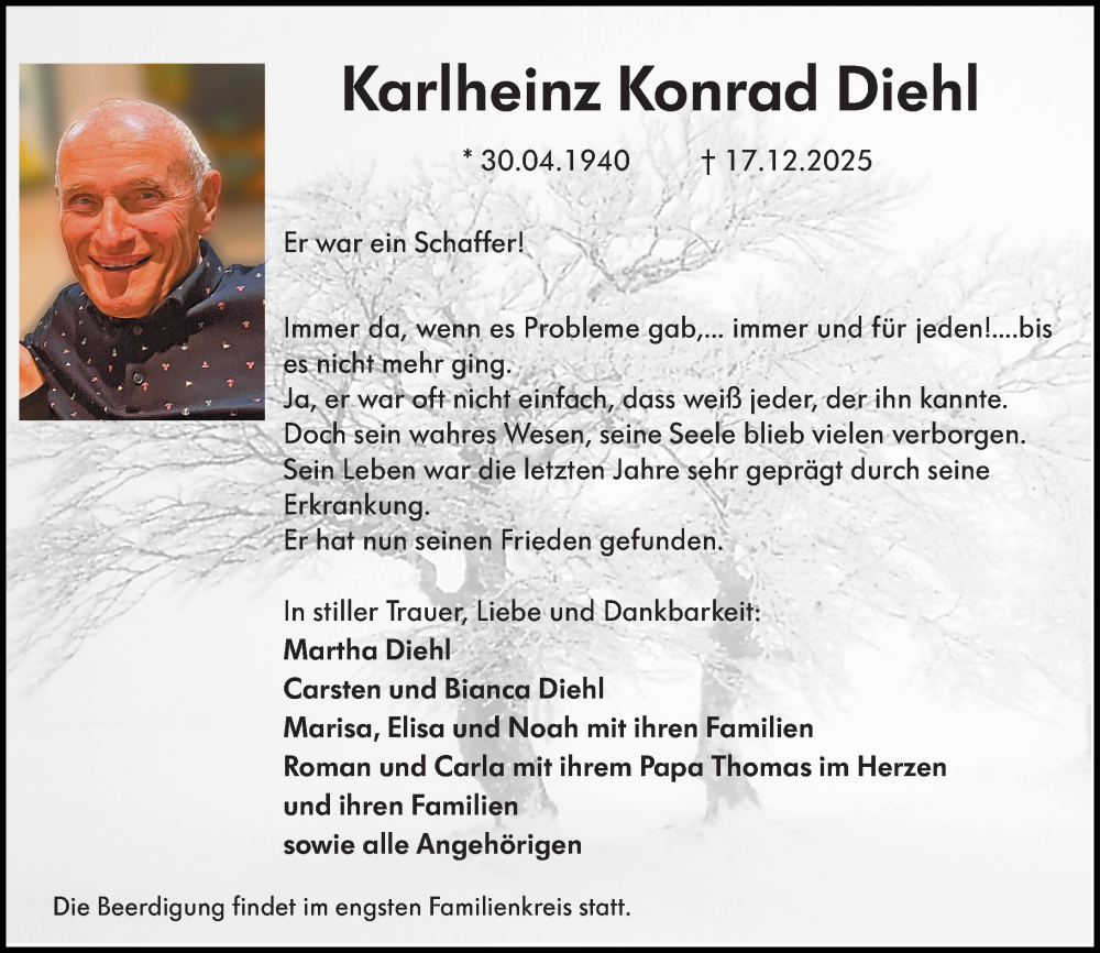  Traueranzeige für Karlheinz Konrad Diehl vom 27.12.2025 aus Allgemeine Zeitung Rheinhessen-Nahe