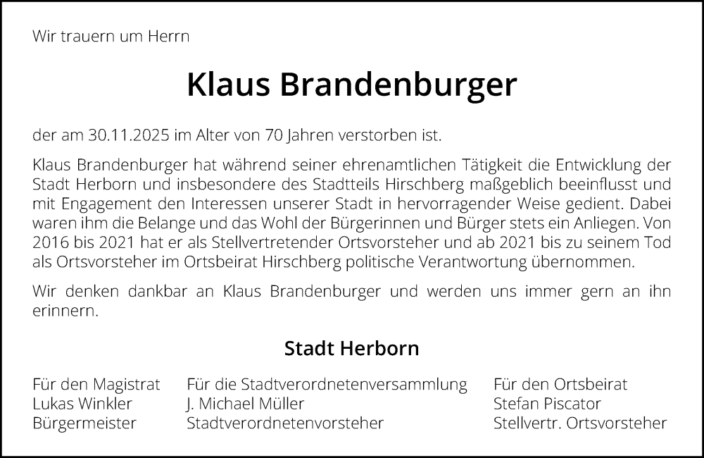  Traueranzeige für Klaus Brandenburger vom 05.12.2025 aus Dill Block