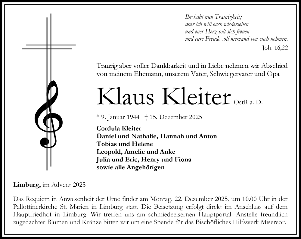 Traueranzeige für Klaus Kleiter vom 20.12.2025 aus Nassauische Neue Presse