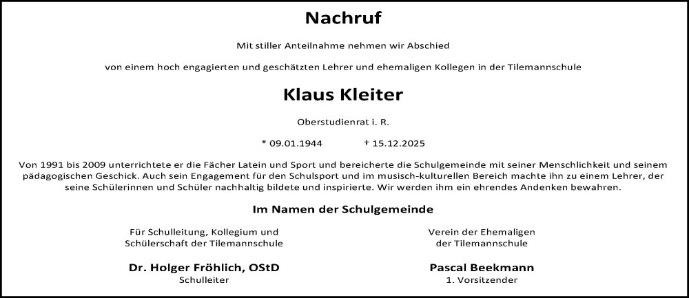 Traueranzeige für Klaus Kleiter vom 20.12.2025 aus Nassauische Neue Presse