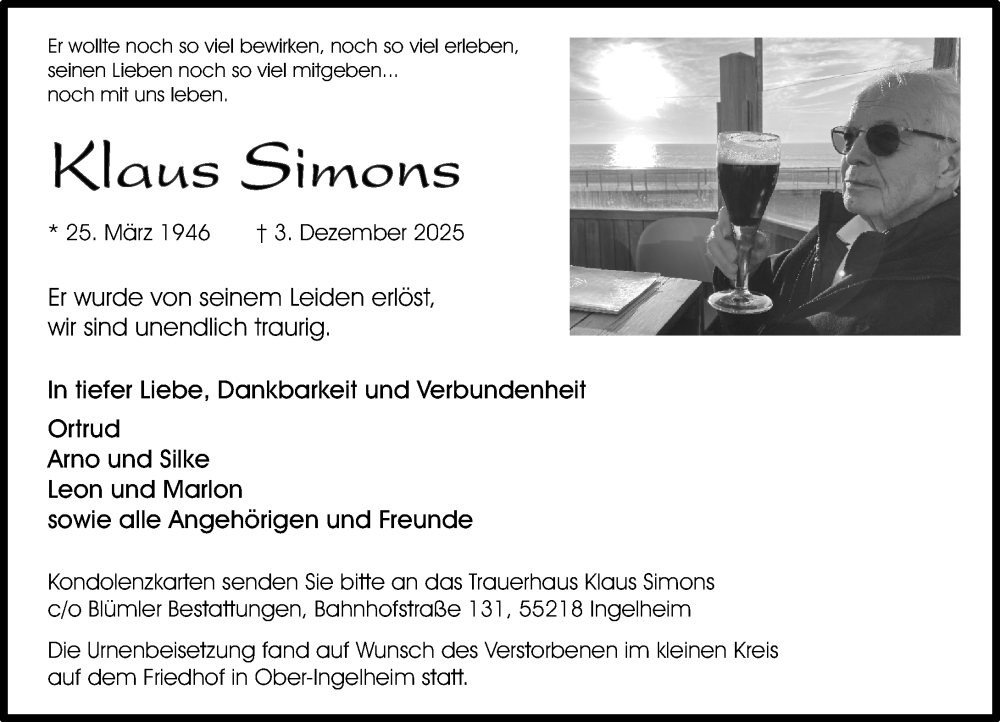  Traueranzeige für Klaus Simons vom 20.12.2025 aus Allgemeine Zeitung Rheinhessen-Nahe