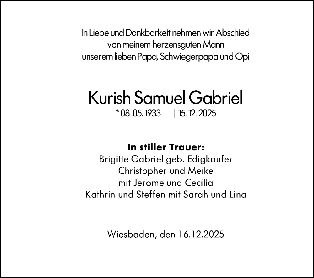  Traueranzeige für Kurish Samuel Gabriel vom 17.12.2025 aus Wiesbadener Kurier