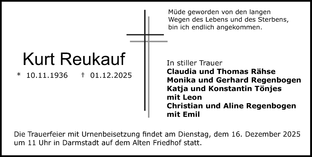  Traueranzeige für Kurt Reukauf vom 06.12.2025 aus Darmstädter Echo