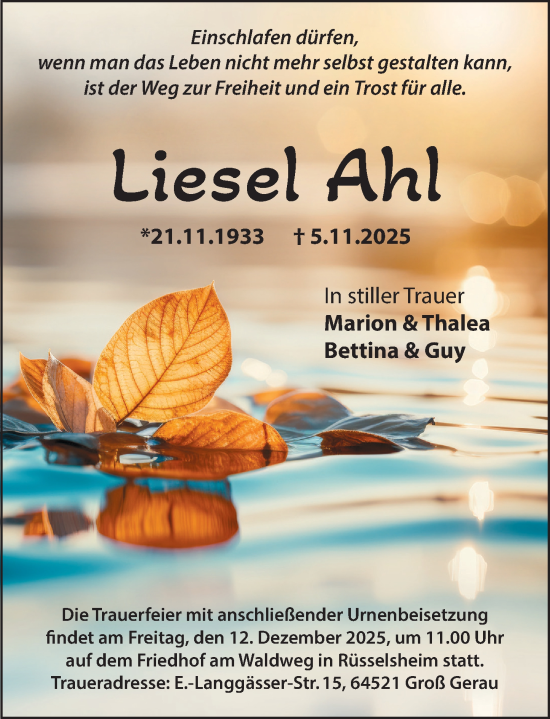 Traueranzeige von Liesel Ahl von Rüsselsheimer Echo