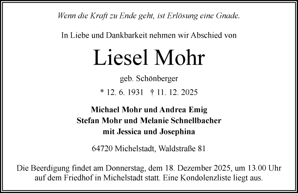  Traueranzeige für Liesel Mohr vom 13.12.2025 aus Odenwälder Echo