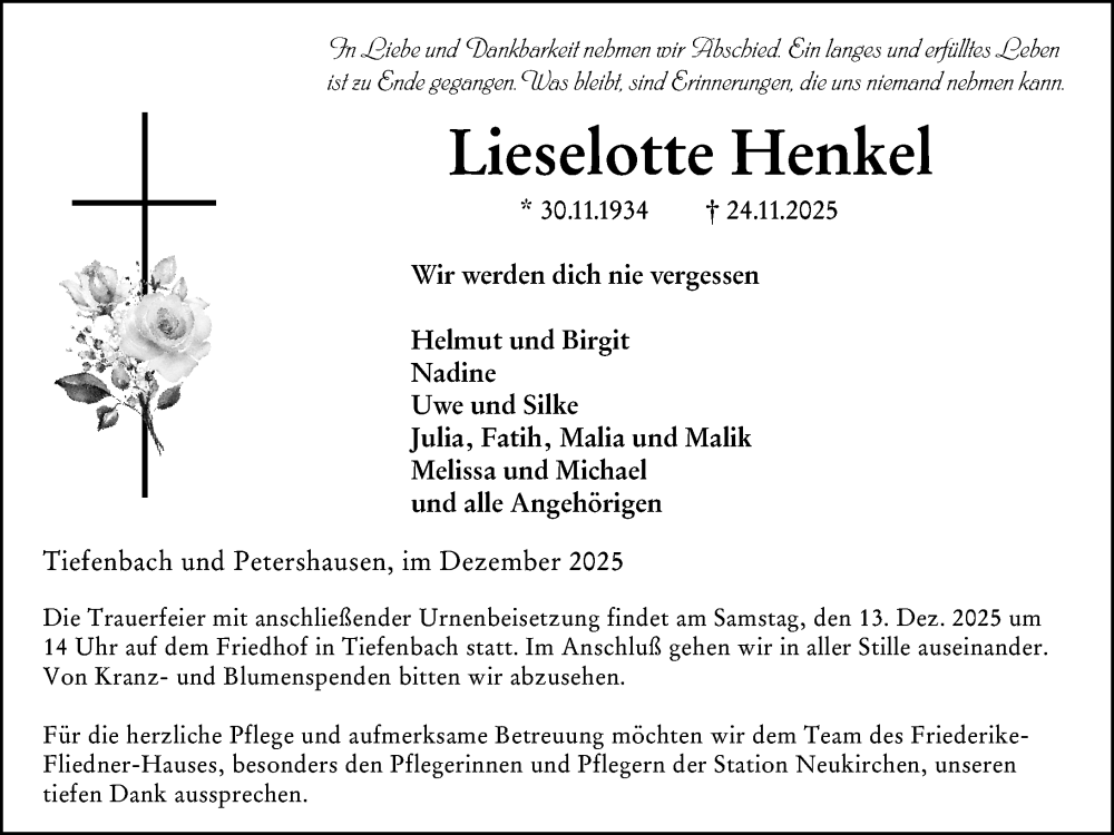  Traueranzeige für Lieselotte Henkel vom 06.12.2025 aus Wetzlarer Neue Zeitung