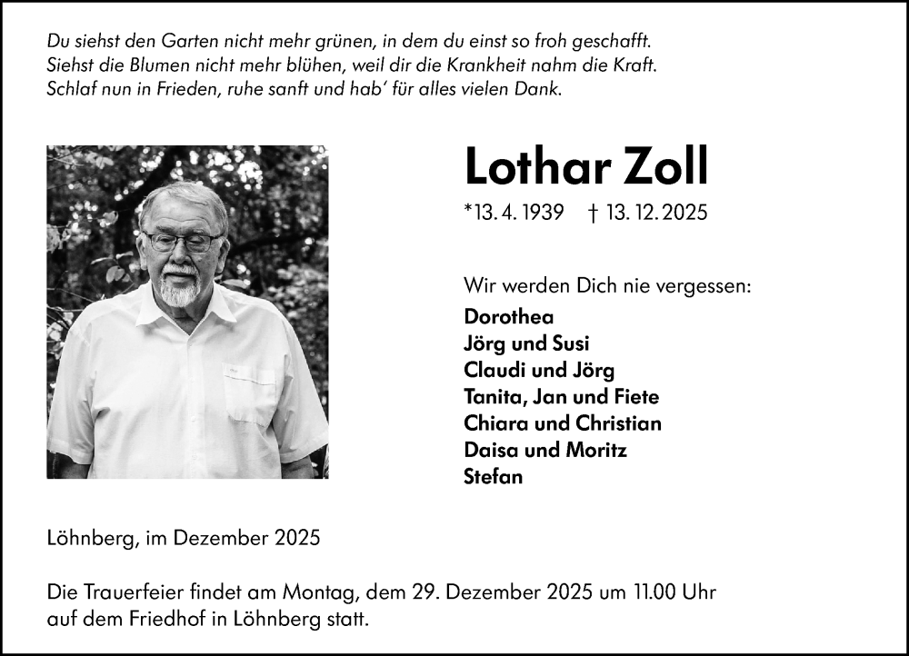  Traueranzeige für Lothar Zoll vom 20.12.2025 aus Weilburger Tageblatt