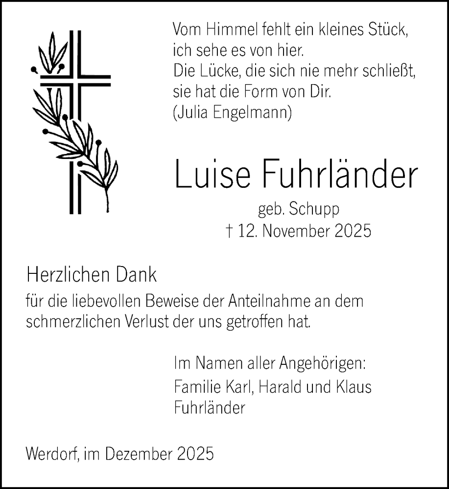 Traueranzeige für Luise Fuhrländer vom 06.12.2025 aus Wetzlarer Neue Zeitung