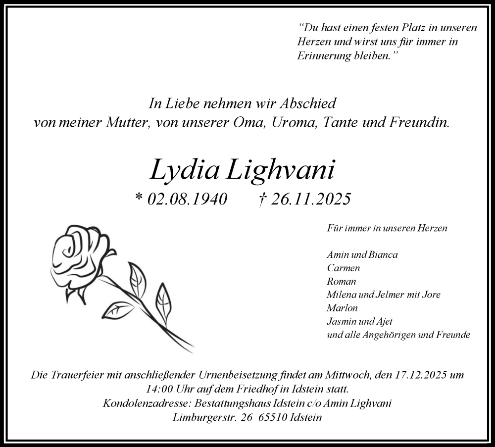  Traueranzeige für Lydia Lighvani vom 06.12.2025 aus Wiesbadener Kurier