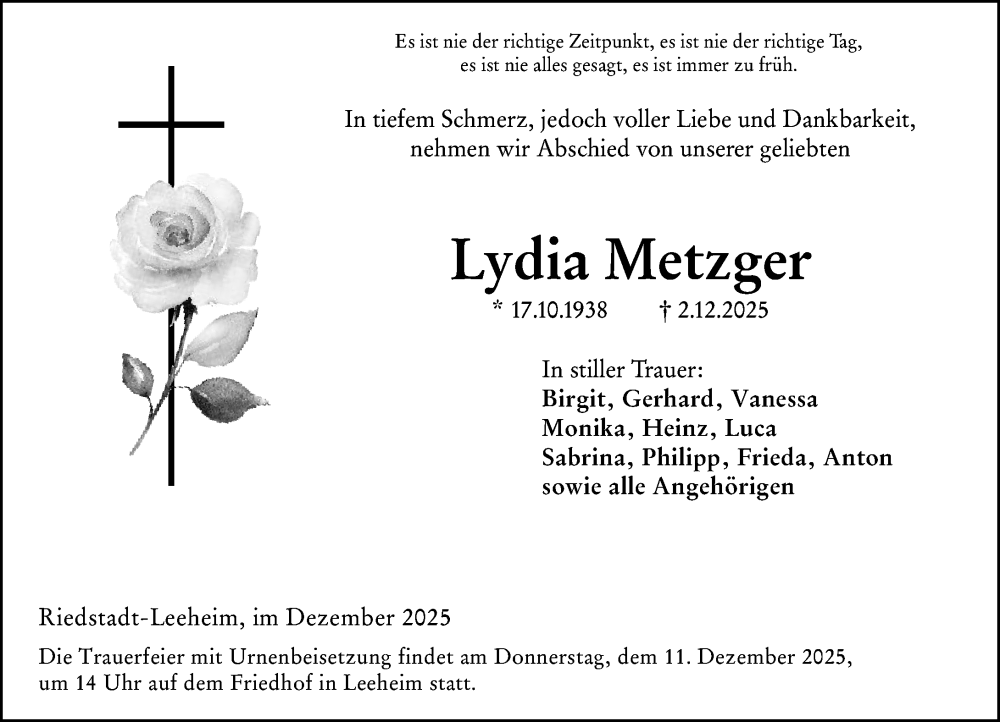  Traueranzeige für Lydia Metzger vom 06.12.2025 aus Groß-Gerauer Echo