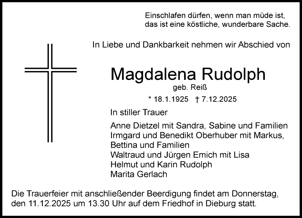  Traueranzeige für Magdalena Rudolph vom 11.12.2025 aus Dieburger Anzeiger/Groß-Zimmerner Lokal-Anzeiger