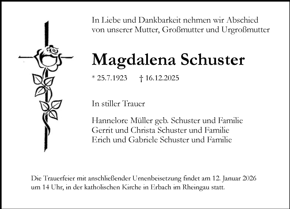  Traueranzeige für Magdalena Schuster vom 27.12.2025 aus Wiesbadener Kurier