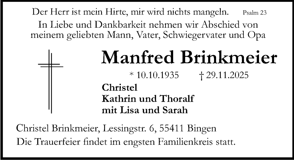  Traueranzeige für Manfred Brinkmeier vom 06.12.2025 aus Allgemeine Zeitung Rheinhessen-Nahe