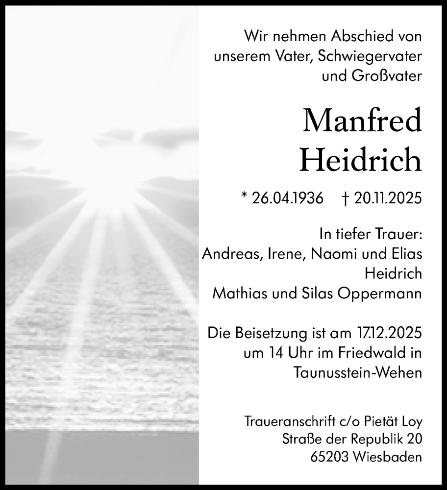  Traueranzeige für Manfred Heidrich vom 06.12.2025 aus Wiesbadener Kurier
