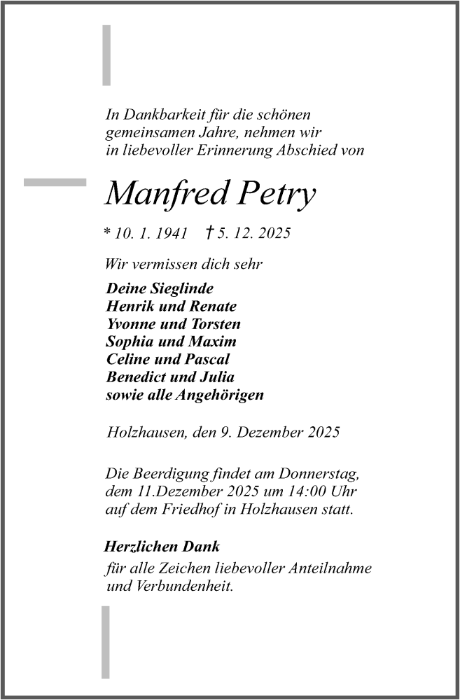  Traueranzeige für Manfred Petry vom 09.12.2025 aus Wetzlarer Neue Zeitung