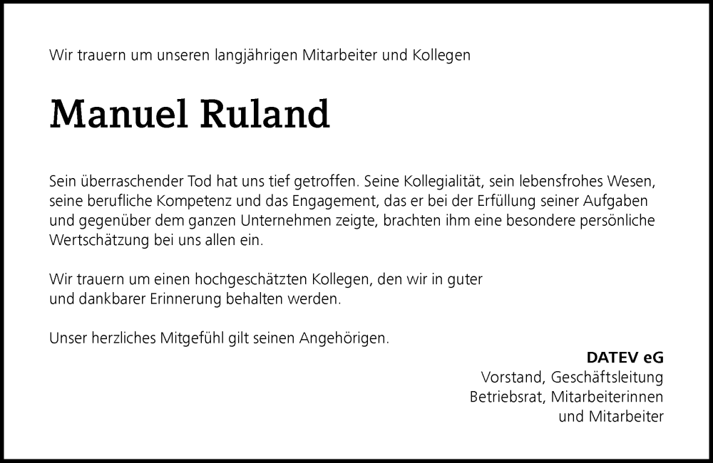  Traueranzeige für Manuel Ruland vom 03.12.2025 aus Wiesbadener Kurier