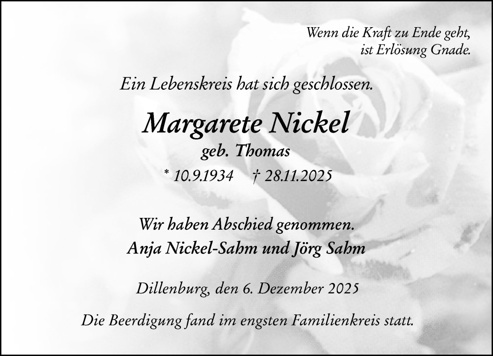  Traueranzeige für Margarete Nickel vom 06.12.2025 aus Dill Block
