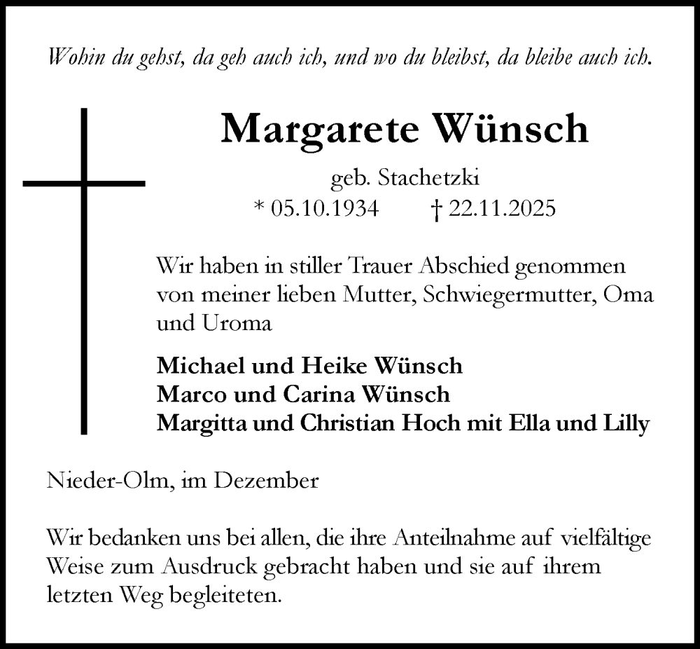  Traueranzeige für Margarete Wünsch vom 20.12.2025 aus Allgemeine Zeitung Mainz