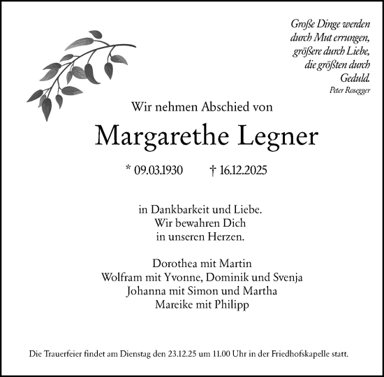 Traueranzeige von Margarethe Legner von Weilburger Tageblatt