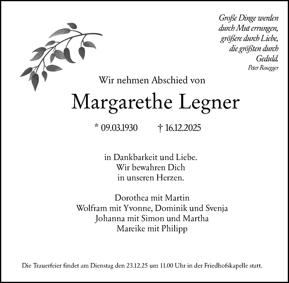  Traueranzeige für Margarethe Legner vom 20.12.2025 aus Weilburger Tageblatt