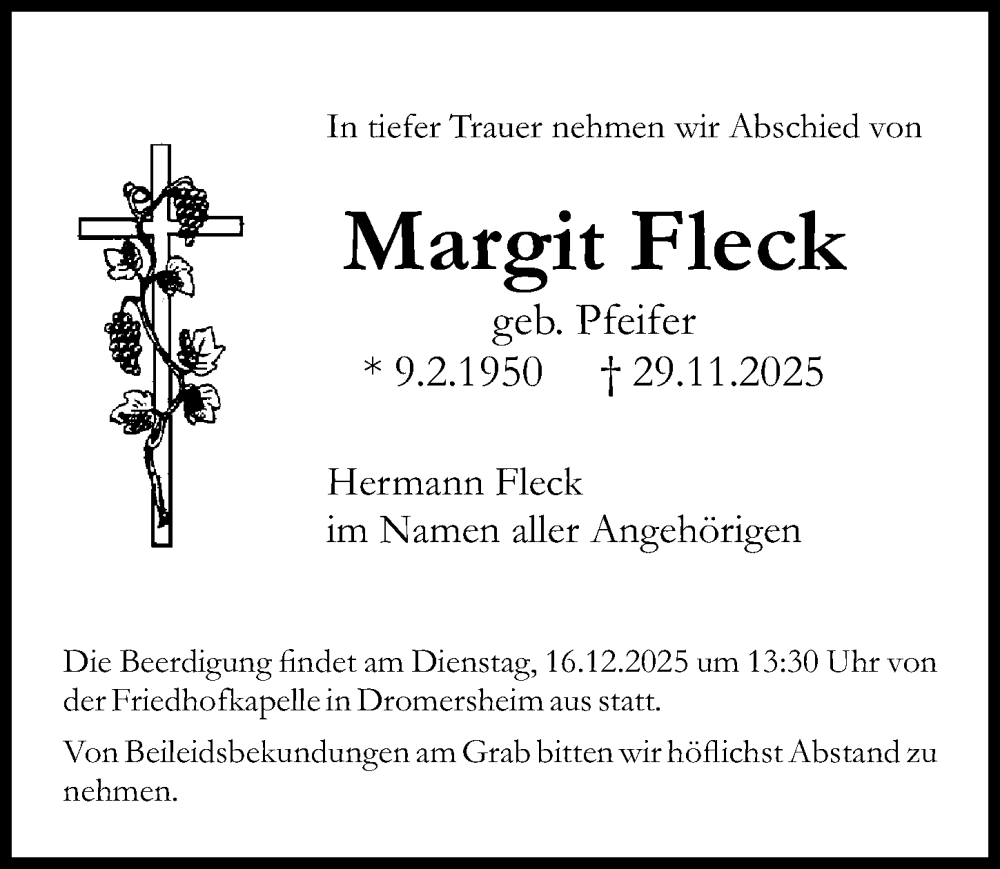  Traueranzeige für Margit Fleck vom 06.12.2025 aus Allgemeine Zeitung Rheinhessen-Nahe